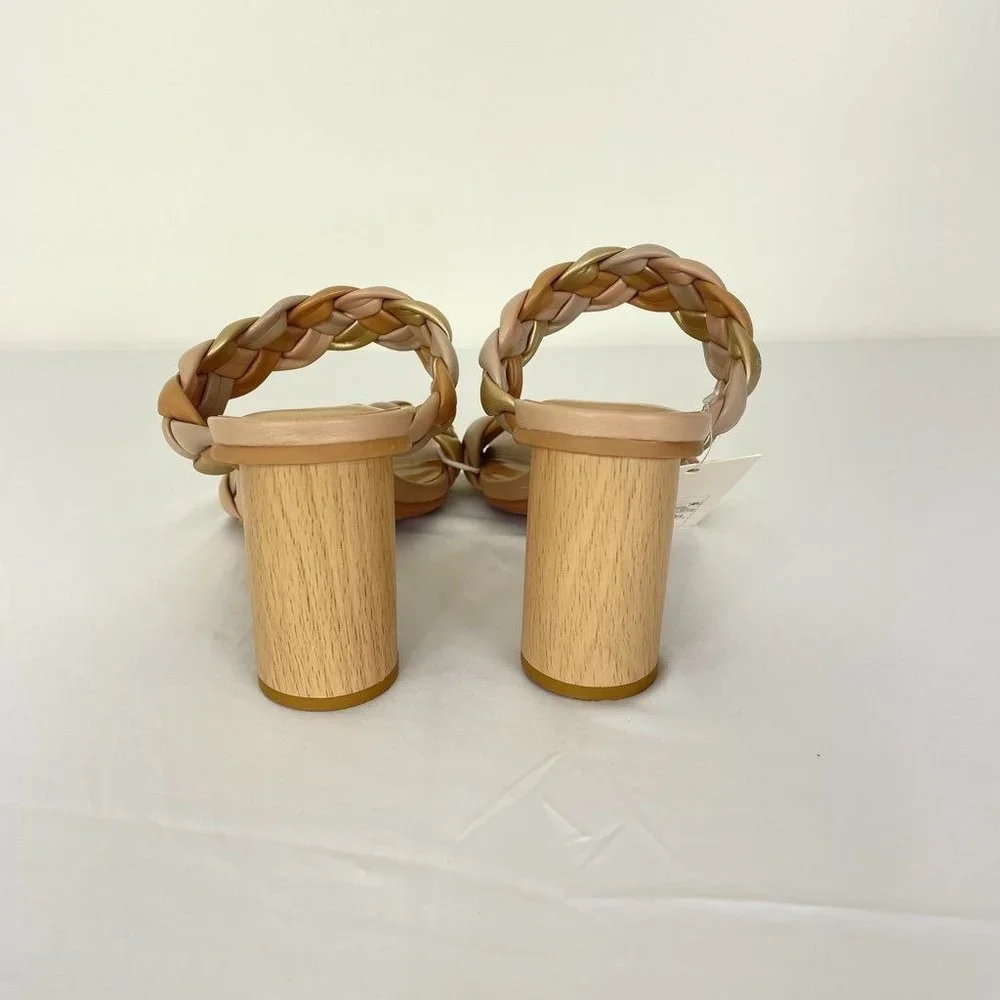 A New Day Womens Heels 7.5 Woven Sandals Tan Metallic Basil Heeled Two Bands New - Picture 6 of 10
